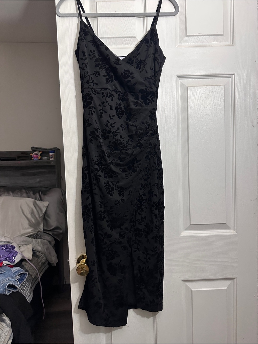 Black Floral Slip Midi Dress with V-Neck